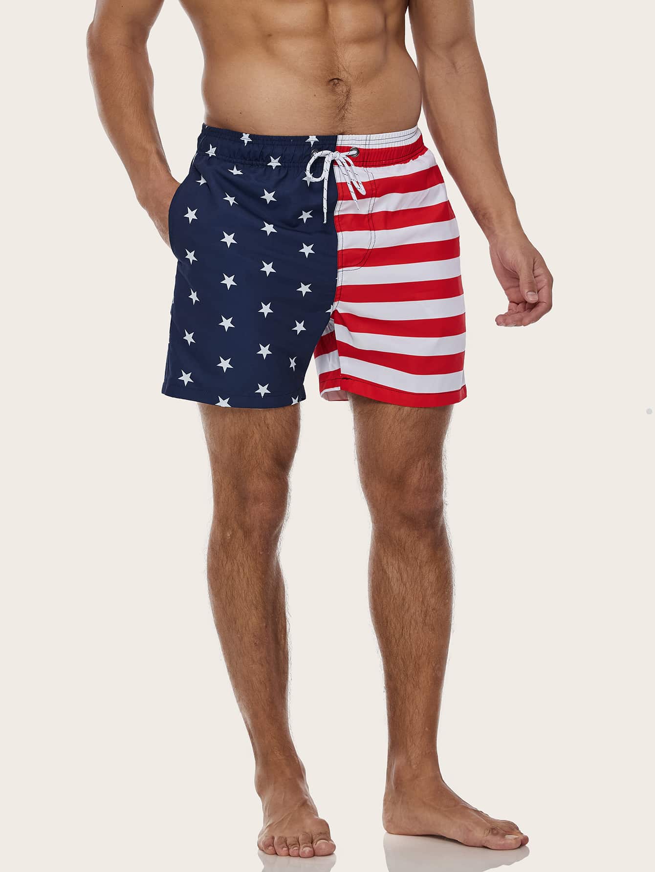 Men's Striped Star Print Swim Trunks