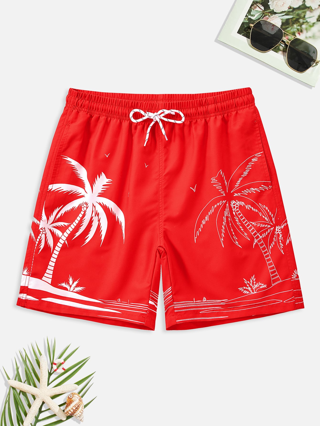 Palm Tree Drawstring Waist Swim Trunks