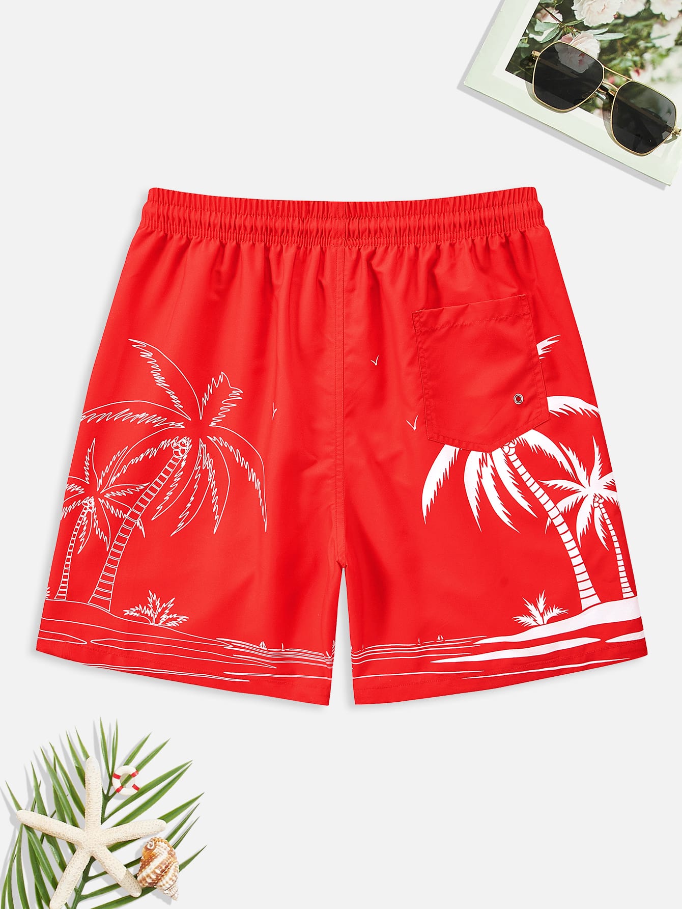 Palm Tree Drawstring Waist Swim Trunks