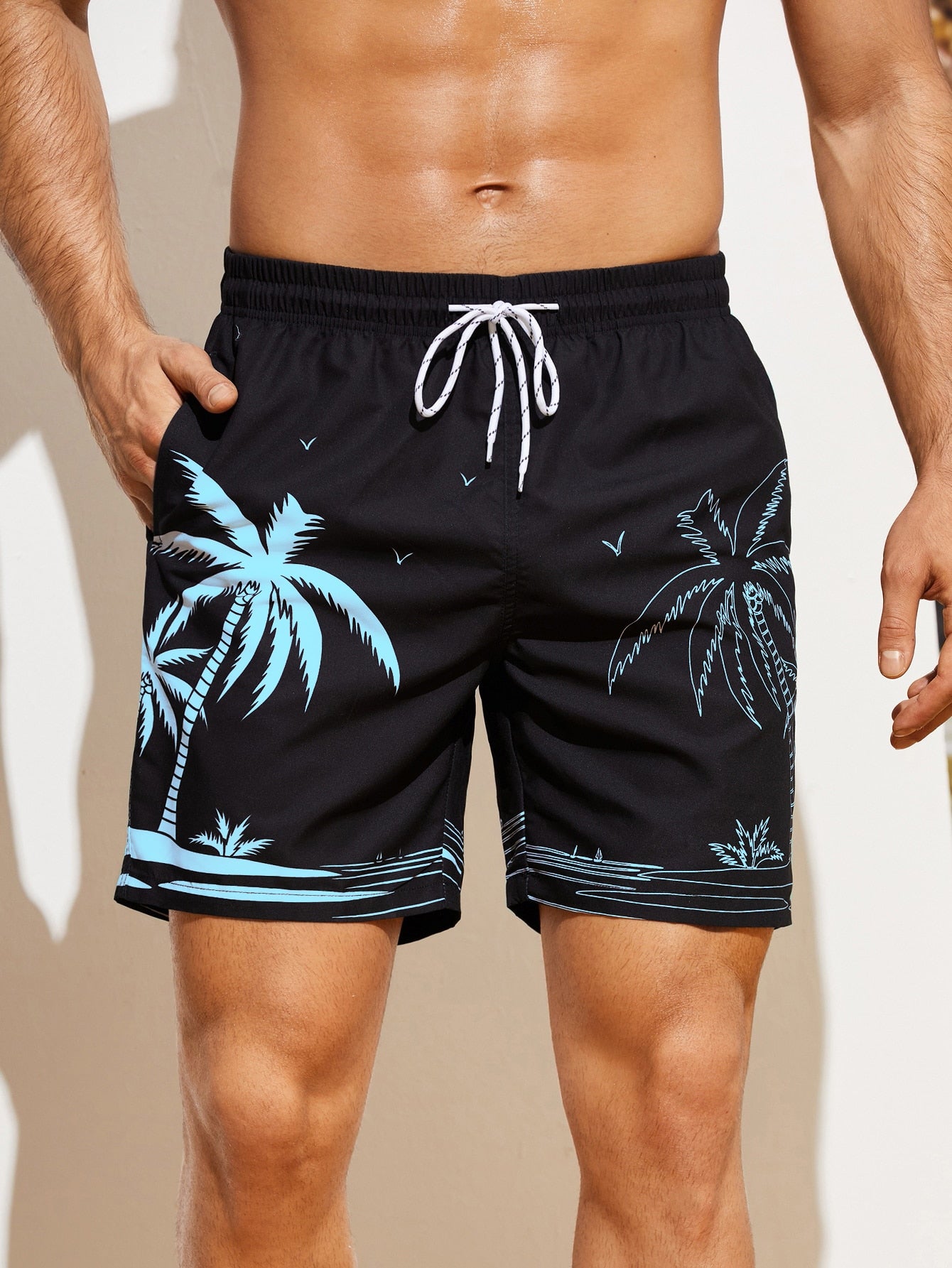 Palm Tree Drawstring Waist Swim Trunks