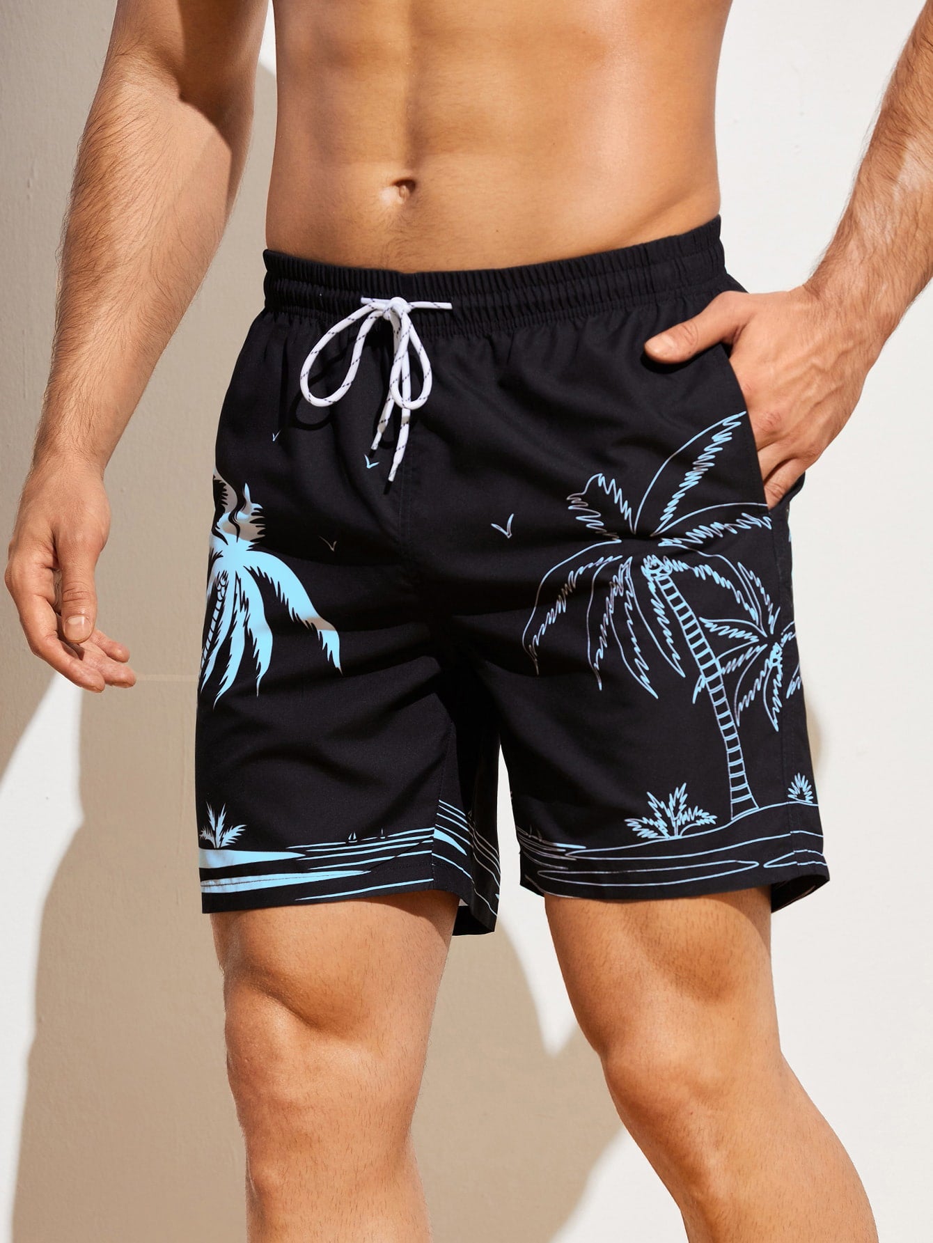 Palm Tree Drawstring Waist Swim Trunks