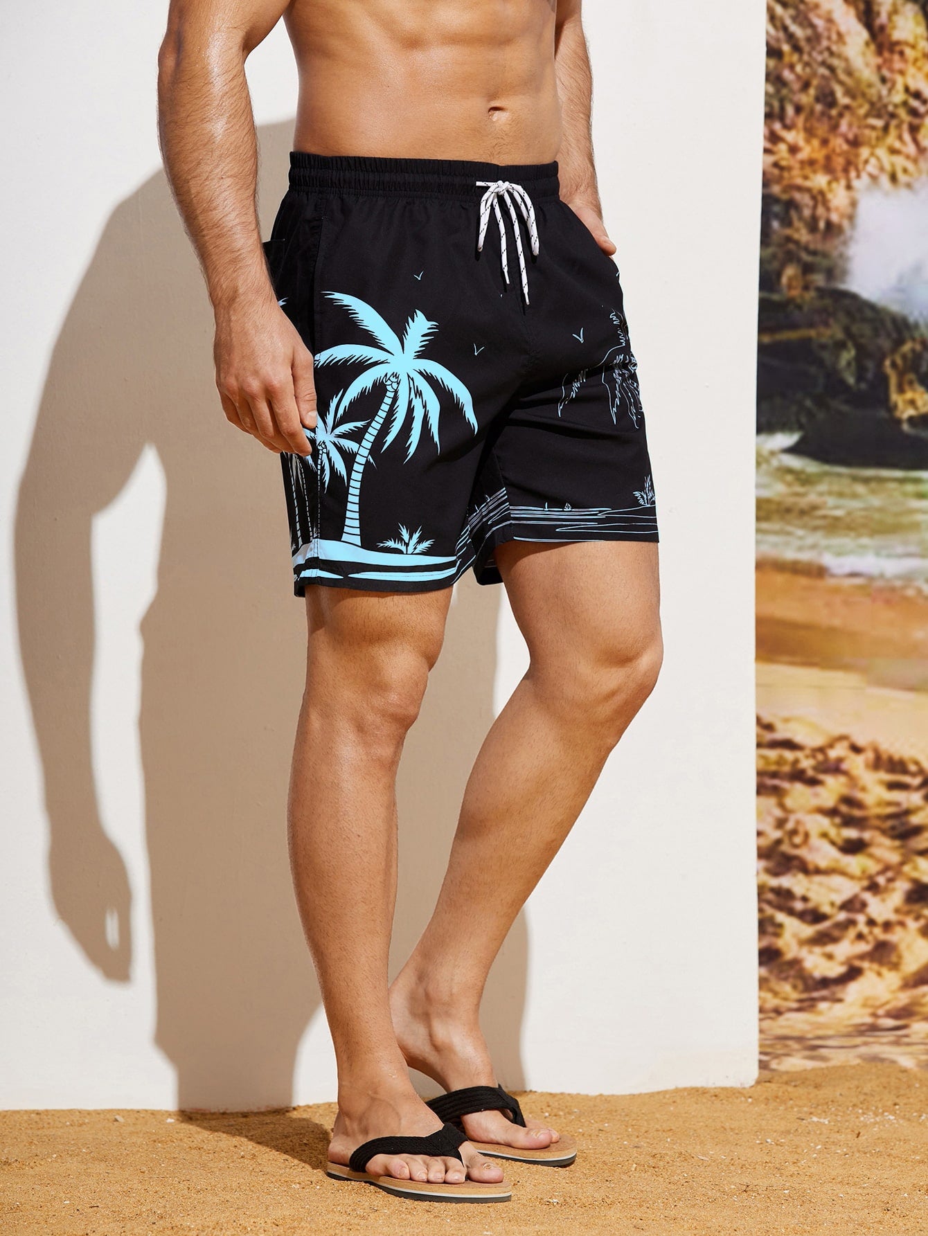 Palm Tree Drawstring Waist Swim Trunks